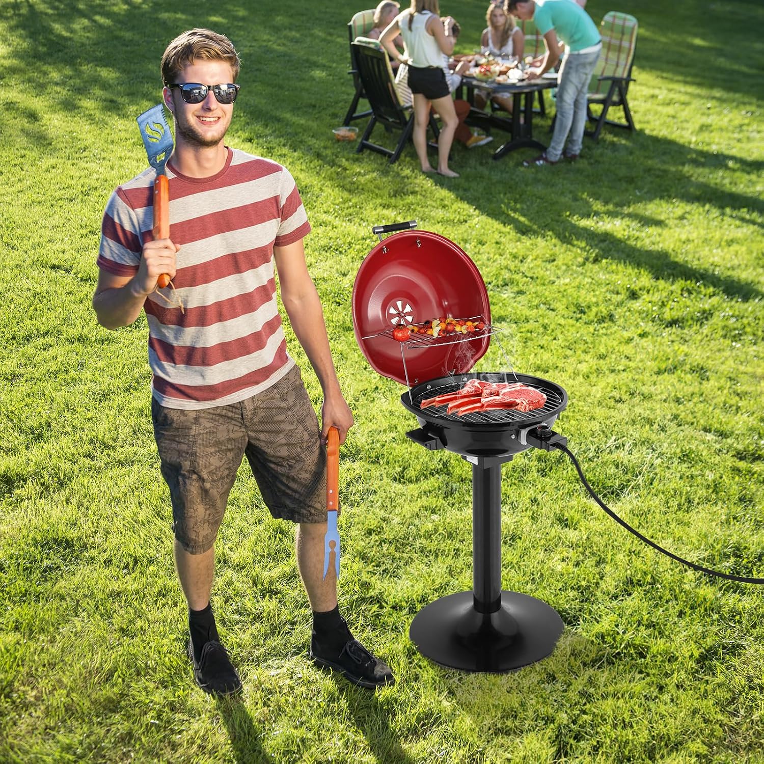 Electric BBQ Grill with Stand, 1600W Portable Indoor Outdoor Electric Grill with Lid and Warming Rack, Double Layer Design, Adjustable Temperature Control, Fits 10 Burgers, Backyard Cooking Red