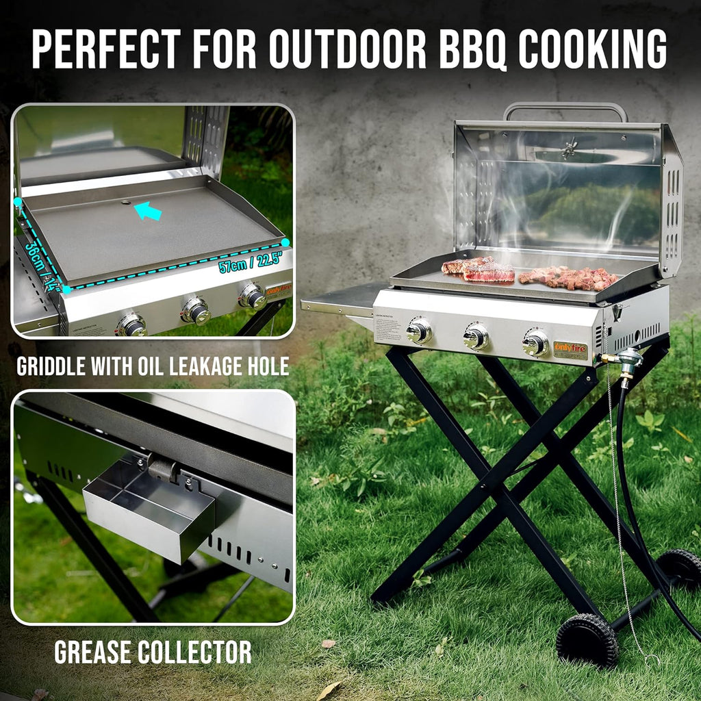 ONLYFIRE GRILLS Portable Propane Gas Griddle 3-Burner with Foldable Cart & Side Table, Flat Top Gas Grill Griddle Stove with Lid, for Outdoor Cooking Patio Backyard Camping RV Tailgating Beach, GS310