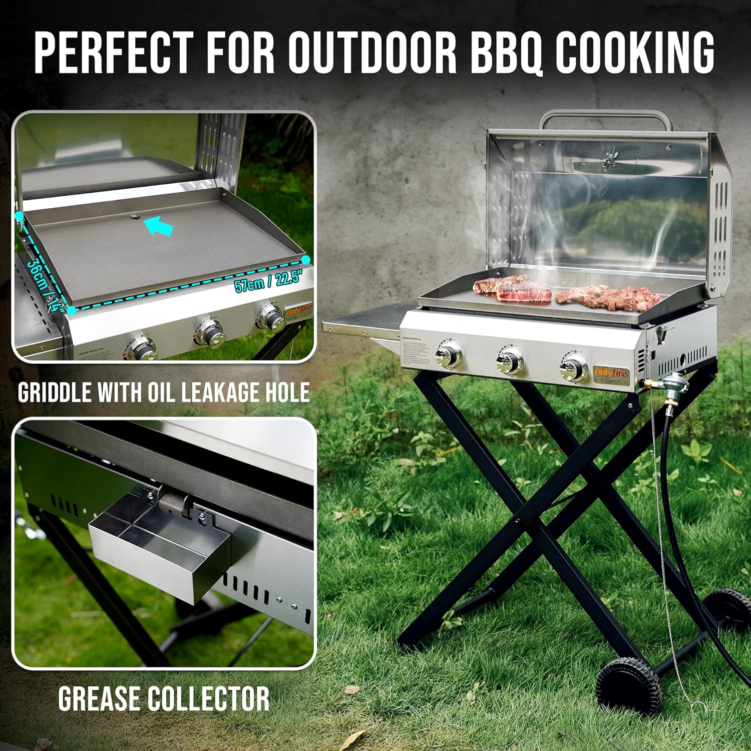 ONLYFIRE GRILLS Portable Propane Gas Griddle 3-Burner with Foldable Cart & Side Table, Flat Top Gas Grill Griddle Stove with Lid, for Outdoor Cooking Patio Backyard Camping RV Tailgating Beach, GS310