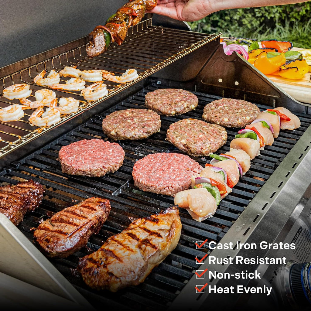 Monument Grills Larger 4+2 Burner Propane Gas Grills Stainless Steel Cabinet Style with Clearview® Lid, Knob Controls, Built-In Thermometer, Infrared Side Sear Burners & Side Burners, Blue