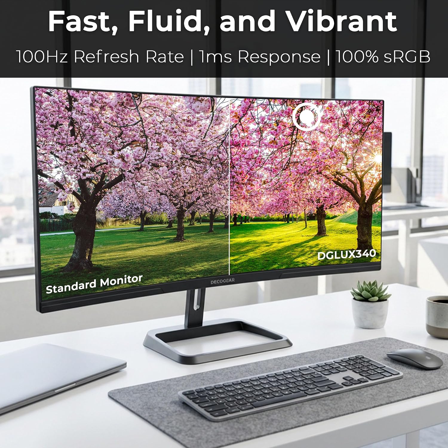 Deco Gear 34-Inch Business Curved Super UltraWide WQHD Monitor 3440 × 1440 R1500 100Hz 1ms 100% sRGB HDR 2× DisplayPort 2× HDMI Tilt Adjustable PIP/PBP Low Blue Light, American Seller
