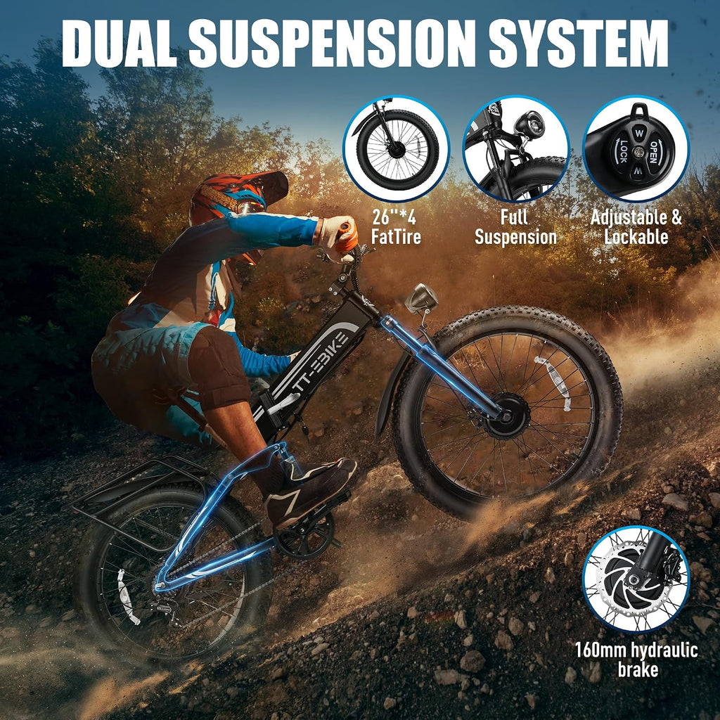 9000W Dual Motor Electric Bike for Adults 42MPH with 60V30A, 26x4 Fat Tire All Terrain Ebikes, Full Suspension E Bike, SHM 7-Speed Gear Electric Bicycle ebike-9000w (9000W60V30A 42MPH)