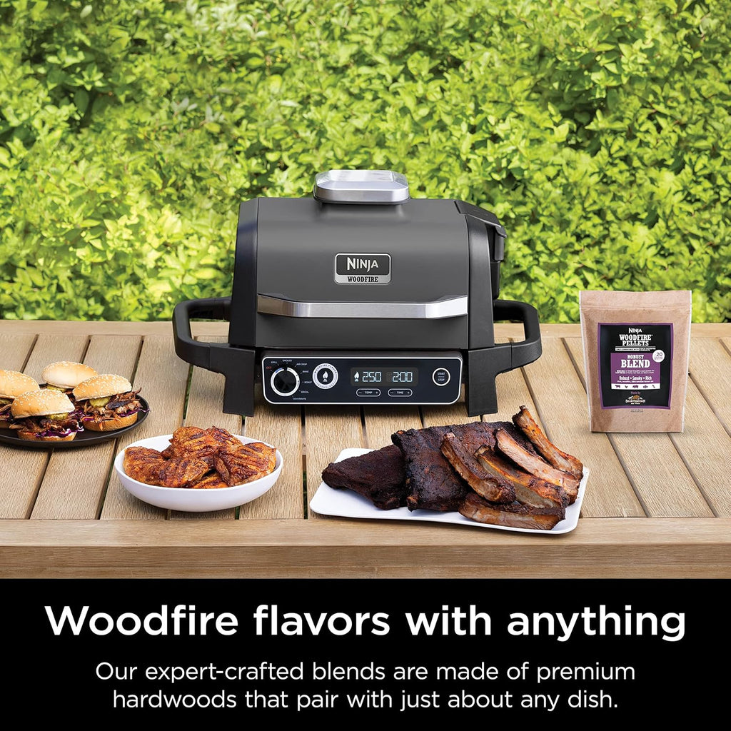 Ninja OG751 Woodfire Pro Outdoor Grill with Built-In Thermometer, 7-in-1 Master Grill, BBQ Smoker&Outdoor Air Fryer plus Bake,Roast, Dehydrate,&Broil,Woodfire Technology,with All Purpose Blend Pellets