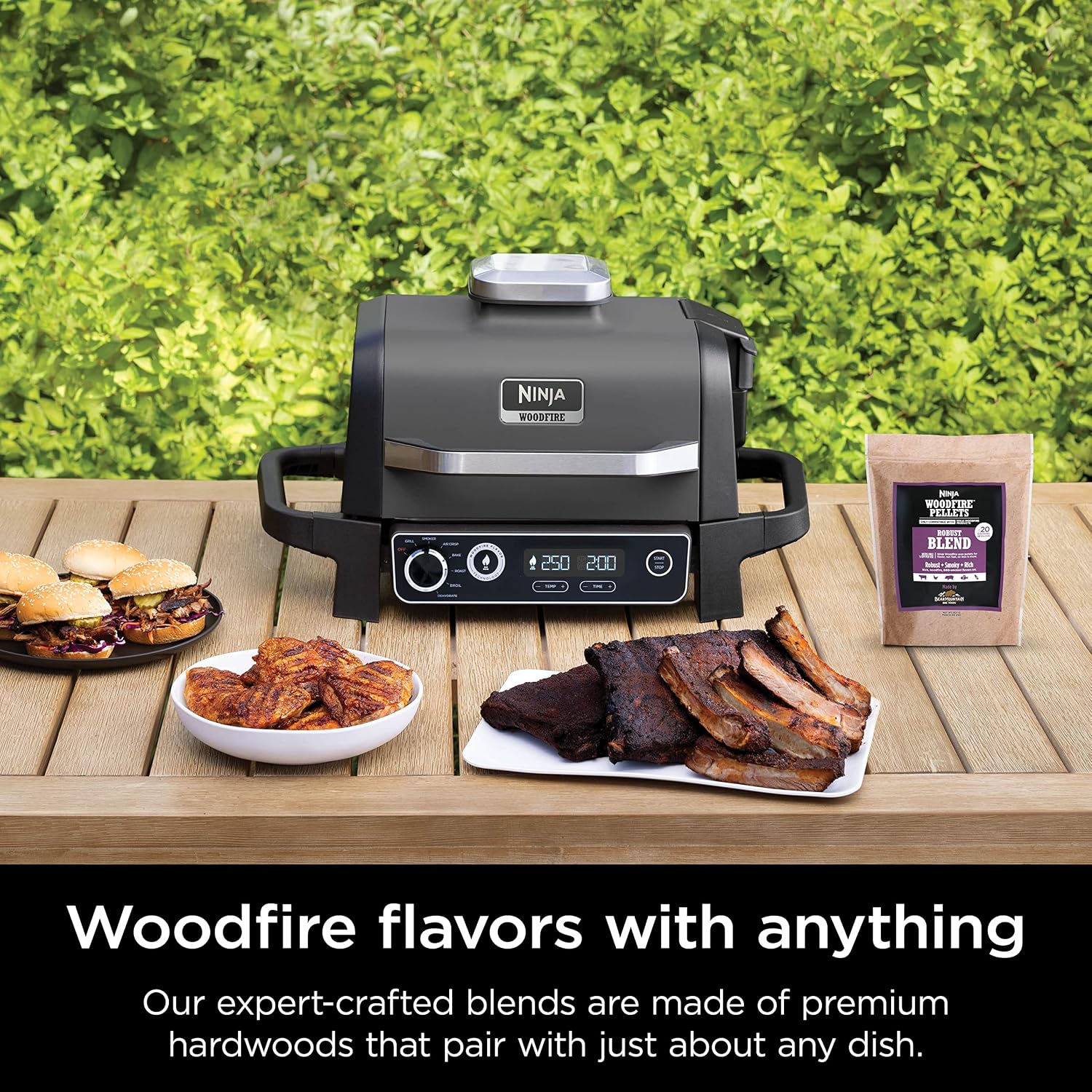 Ninja OG751 Woodfire Pro Outdoor Grill with Built-In Thermometer, 7-in-1 Master Grill, BBQ Smoker&Outdoor Air Fryer plus Bake,Roast, Dehydrate,&Broil,Woodfire Technology,with All Purpose Blend Pellets