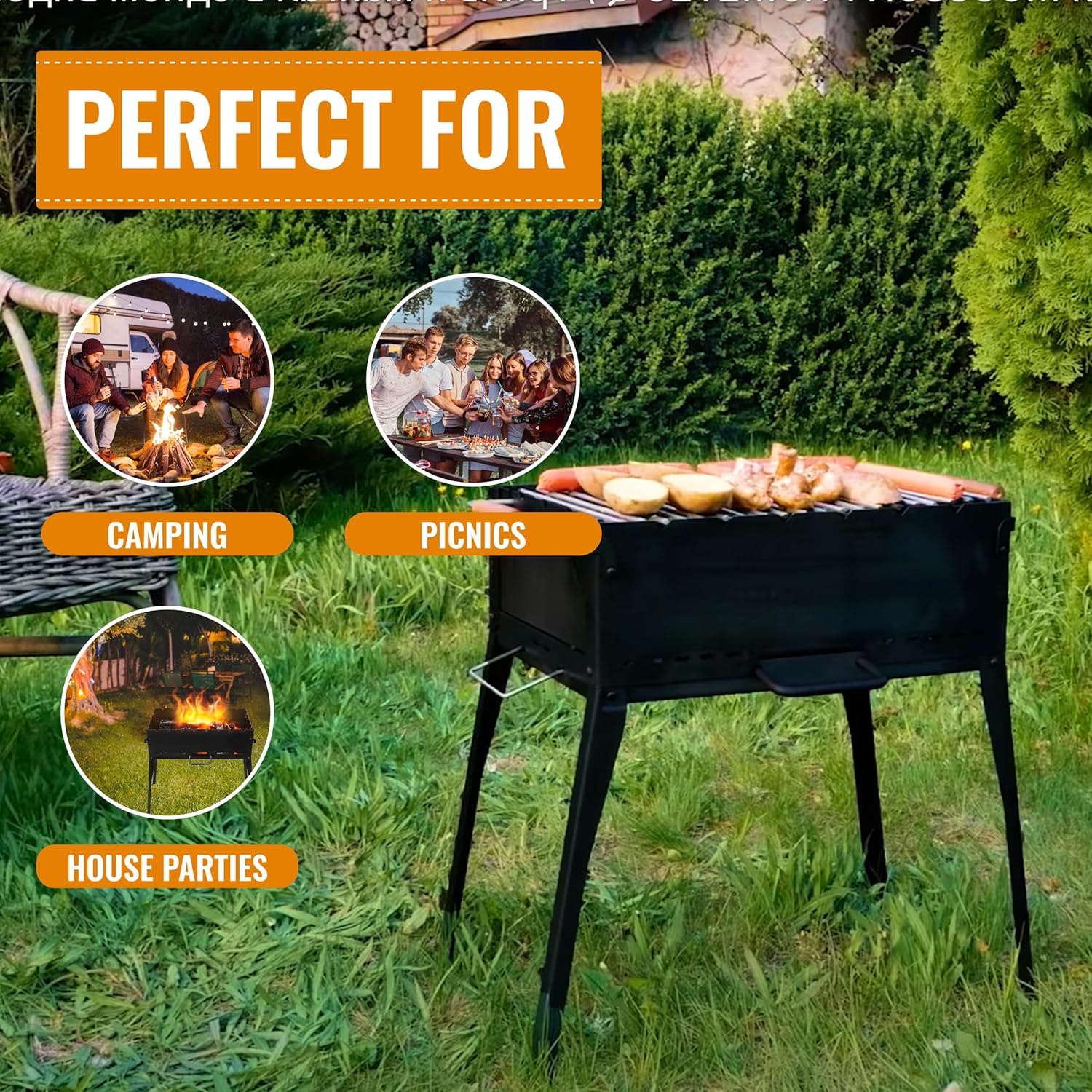 CKG Portable Charcoal Grill Heavy Duty Folding Mangal BBQ Outdoor Grill for Kabab, Shashlyk, Camping Portable Grill for Travel, 6 Skewers (Skewers not included in set) 2 mm Metal Thickness