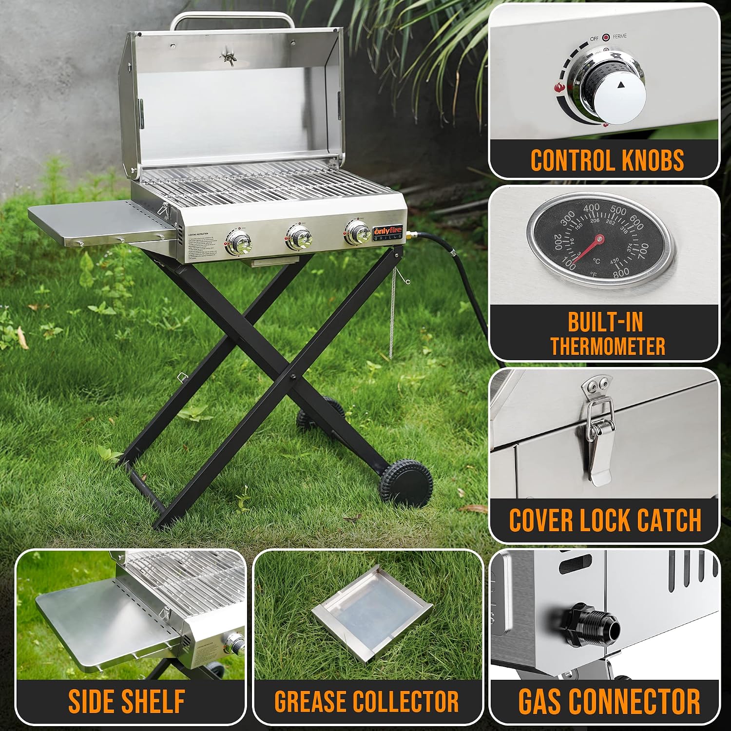 BBQ Gas Grill 3-Burner with Foldable Cart & Side Table, Premium Portable Propane Grill with 22' Cooking Grate for Outdoor Patio Backyard Barbecue Camping Tailgating RV, Stainless Steel, Classic GS308