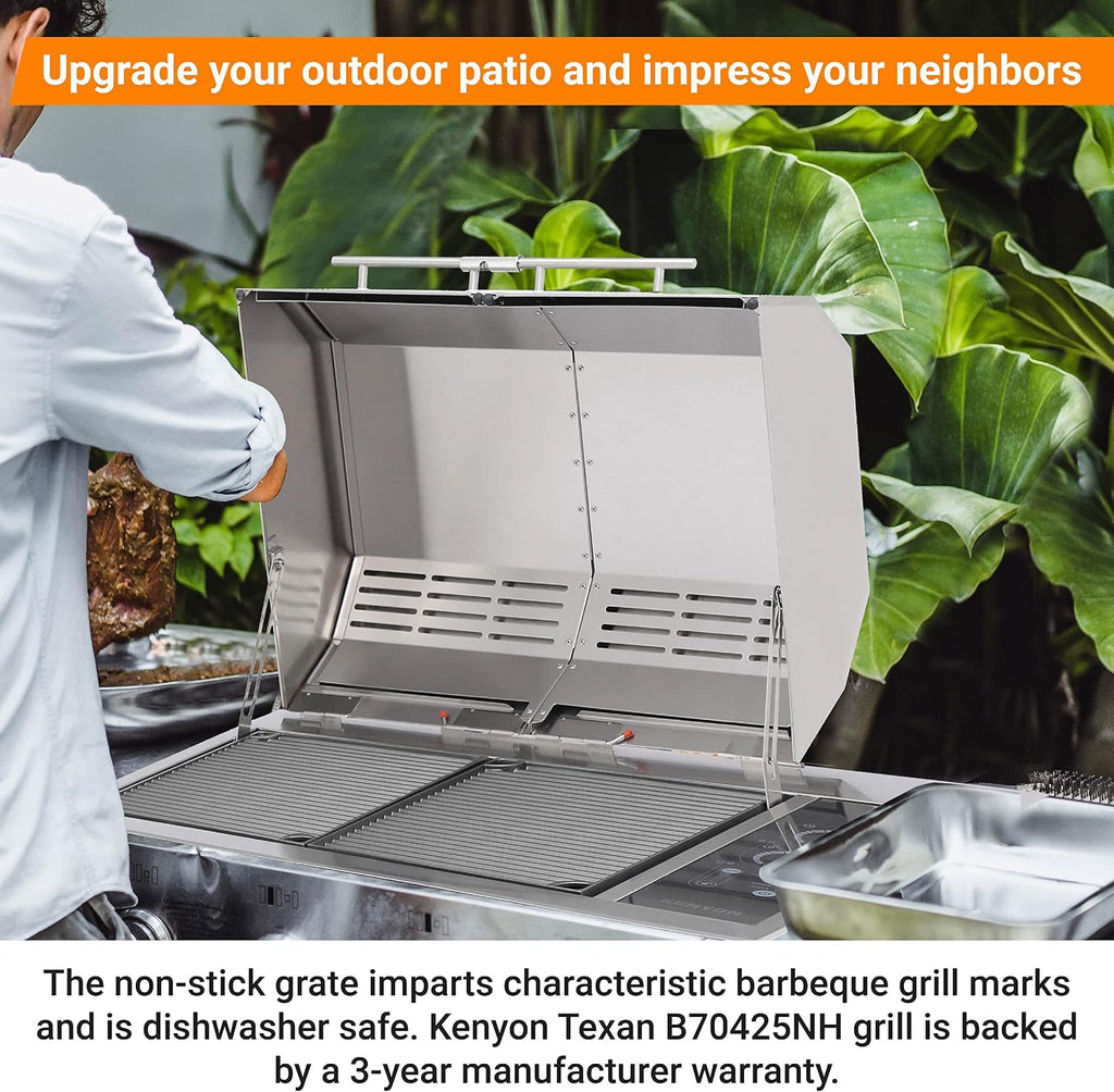 Kenyon Texan Built-In Electric Grill With 2 Burners And IntelliKEN Touch Control, Stainless Steel Body, Rust-Proof Grill, UL-Approved For Indoor And Outdoor Use, Dishwasher Safe Grates, 240V