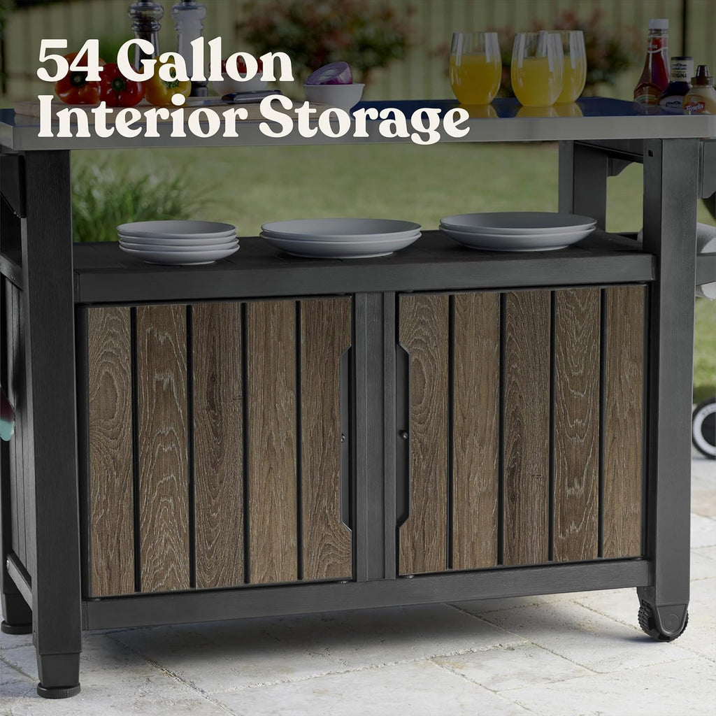 Keter Unity XL Outdoor Entertainment Cart with Wood‑Look Finish, 78‑Gallon Patio Storage Cabinet, Food Prep Station, Stainless‑Steel Top for BBQ, Grill, Patio, Deck & Backyard, Walnut