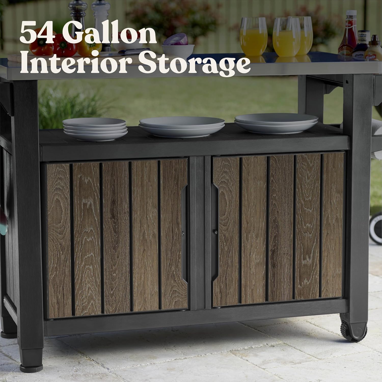 Keter Unity XL Outdoor Entertainment Cart with Wood‑Look Finish, 78‑Gallon Patio Storage Cabinet, Food Prep Station, Stainless‑Steel Top for BBQ, Grill, Patio, Deck & Backyard, Walnut