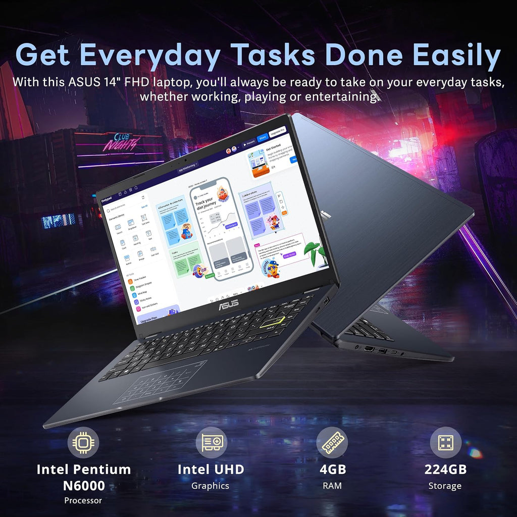 ASUS 14' FHD Laptop, Intel Pentium N6000 Processor, 4GB RAM, 224GB Storage(64GB eMMC+160GB Docking Station Set), Intel UHD Graphics, Webcam, Bluetooth, Win 11, Star Black