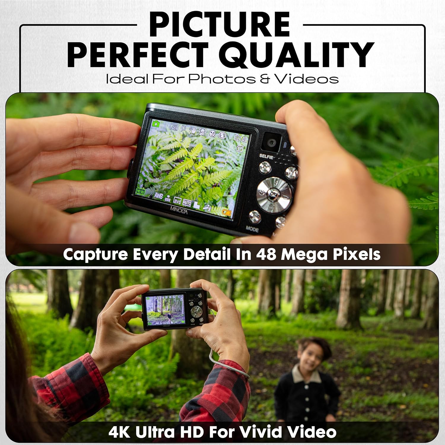 Minolta 48MP Digital Camera with Rear Selfie Lens – 4K Ultra HD Video, 2.8' LCD Screen, 16X Digital Zoom, Autofocus, Slow Motion, Time Lapse, Filters, Scene Modes, 32GB Card Included (Black)