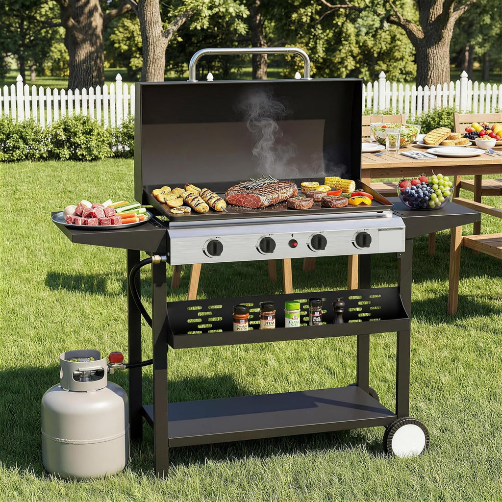 4 Burner BBQ Gas Griddle with Hood, 30 Inch Stainless Steel Portable Detachable Propane Griddle, 60,000 BTU Flat Top Grill with Side Shelves for Camping Tailgating, Silver