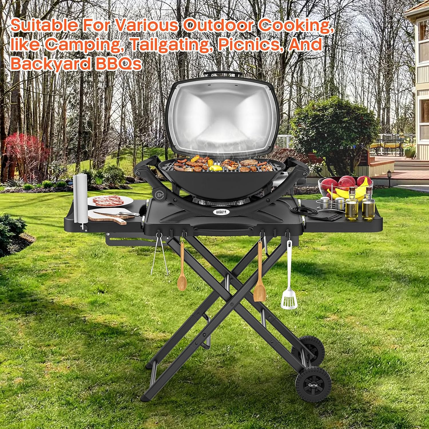 Grill Stand for Ninja Woodfire OG701, OG850, OG951, Portable Foldable Grill Table with Wheels & Side Shelf, 51' Large Space BBQ Table for Weber, Blackstone Griddle, Ooni Pizza Oven Accessories
