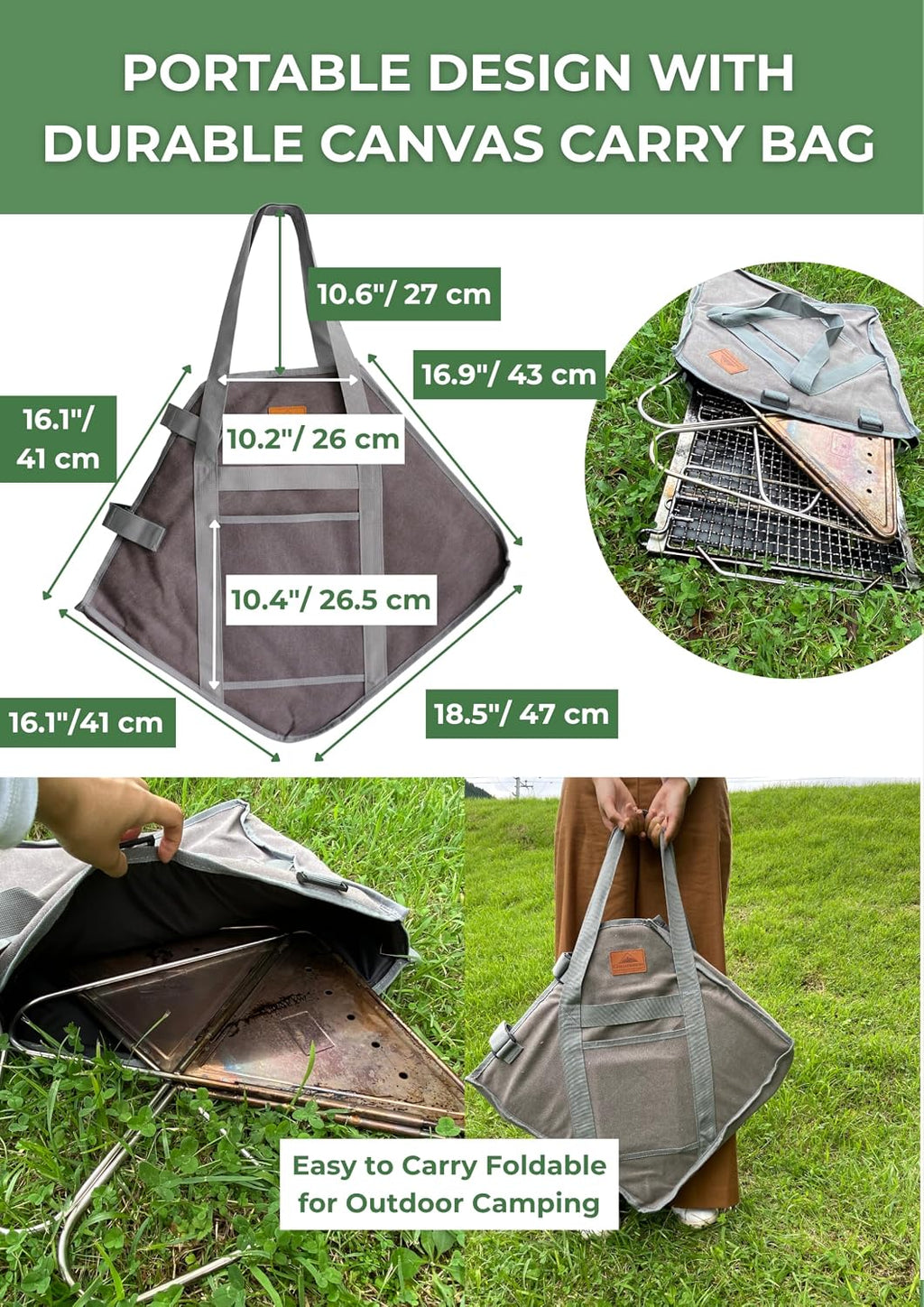 CAMPINGMOON 3 in1 Flatpack Portable Fire Pit Grill 16 inch Heavy Duty Stainless Steel Wood Burning Camping Stove Adjustable Height Backyard Outdoor Cooking RV Trips Carry Bag included MT-055