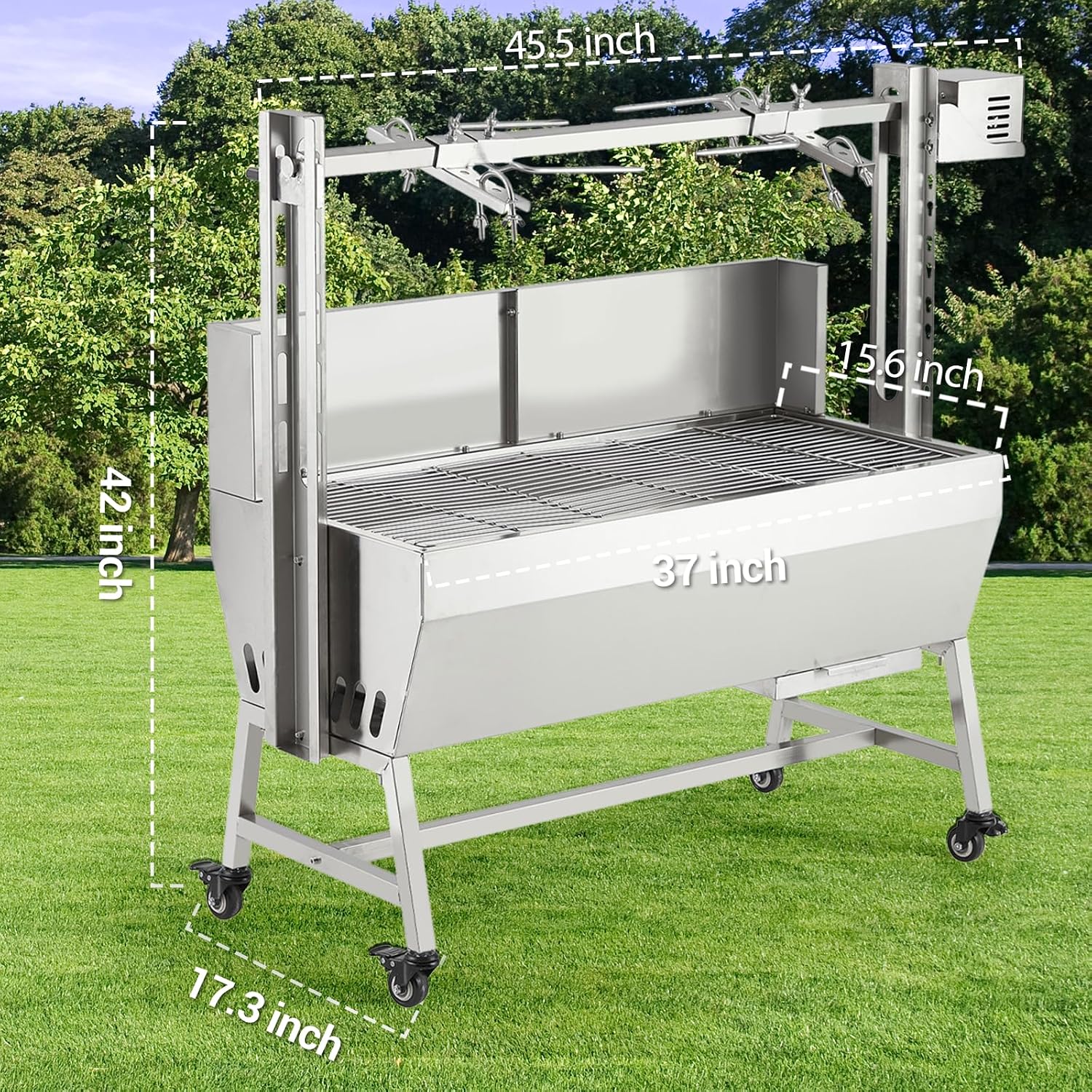 Stainless Steel Automatic Rotisserie Grill with Wind Screen, 37in 132LB Capacity Electric BBQ Pig Lamb Rotisserie Roaster 50W Motor, Charcoal Spit Roaster Grill for Outdoor Kitchen, Camping