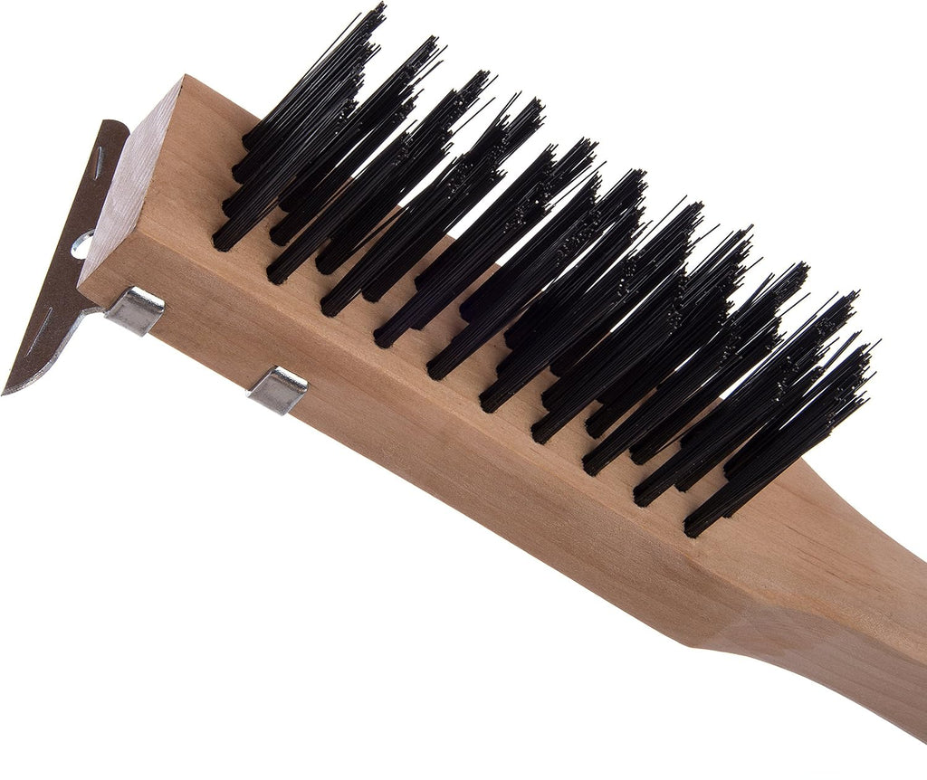 Carlisle FoodService Products Stainless Steel Wood Handle Scraper with Carbon Steel Bristles, Grill Brush, Grill Cleaning Brush with Carbon Steel Wire Bristles for Cleaning, 20 Inches, Tan, (12 Pack)
