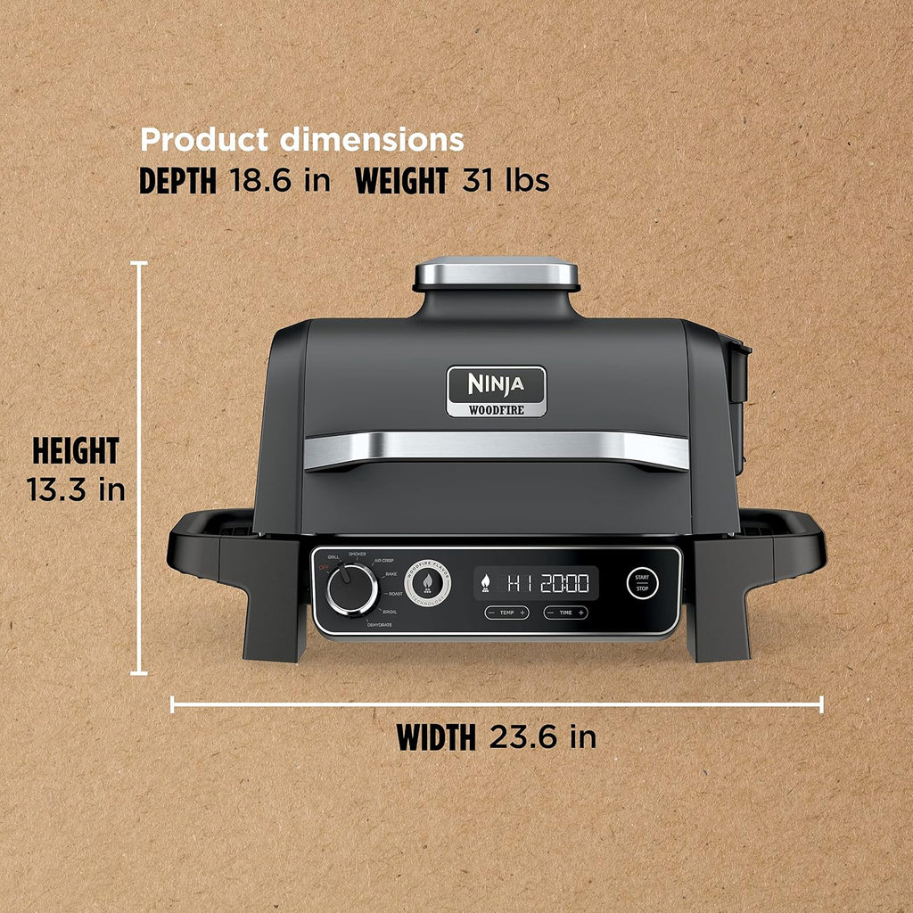 Ninja OG751 Woodfire Pro Outdoor Grill with Built-In Thermometer, 7-in-1 Master Grill, BBQ Smoker&Outdoor Air Fryer plus Bake,Roast, Dehydrate,&Broil,Woodfire Technology,with All Purpose Blend Pellets