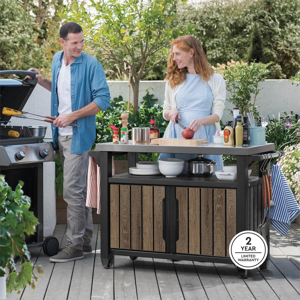 Keter Unity XL Outdoor Entertainment Cart with Wood‑Look Finish, 78‑Gallon Patio Storage Cabinet, Food Prep Station, Stainless‑Steel Top for BBQ, Grill, Patio, Deck & Backyard, Walnut