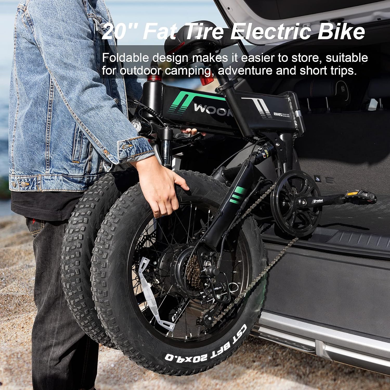 Wooken Electric Bike, 20''X4.0 Fat Tire Electric Bike for Adults, Peak 1000W Foldable Electric Bike with 48V 10Ah Battery,Professional 7 Speed,Shock Absorber, 20MPH Ebike for Mountain Beach Snow