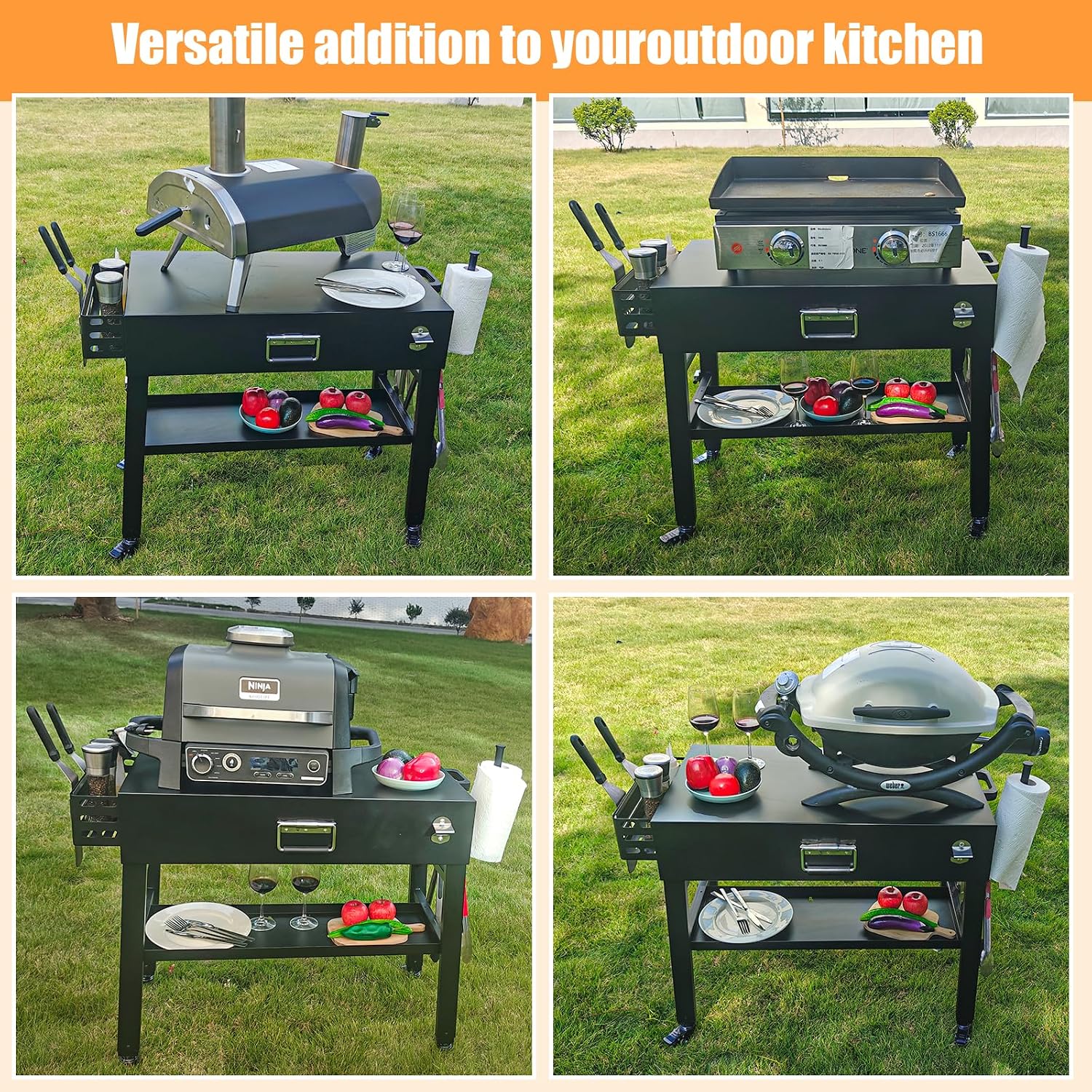 28' and 34' Upgrade Height & Quick-Fold Portable Grill Cart for Ninja Woodfire (OG700 Series), MO201 OO101 Pizza Oven, Blackstone 17'/22' Griddle – Outdoor Ninja Grill Stand with 4 Swivel Wheels