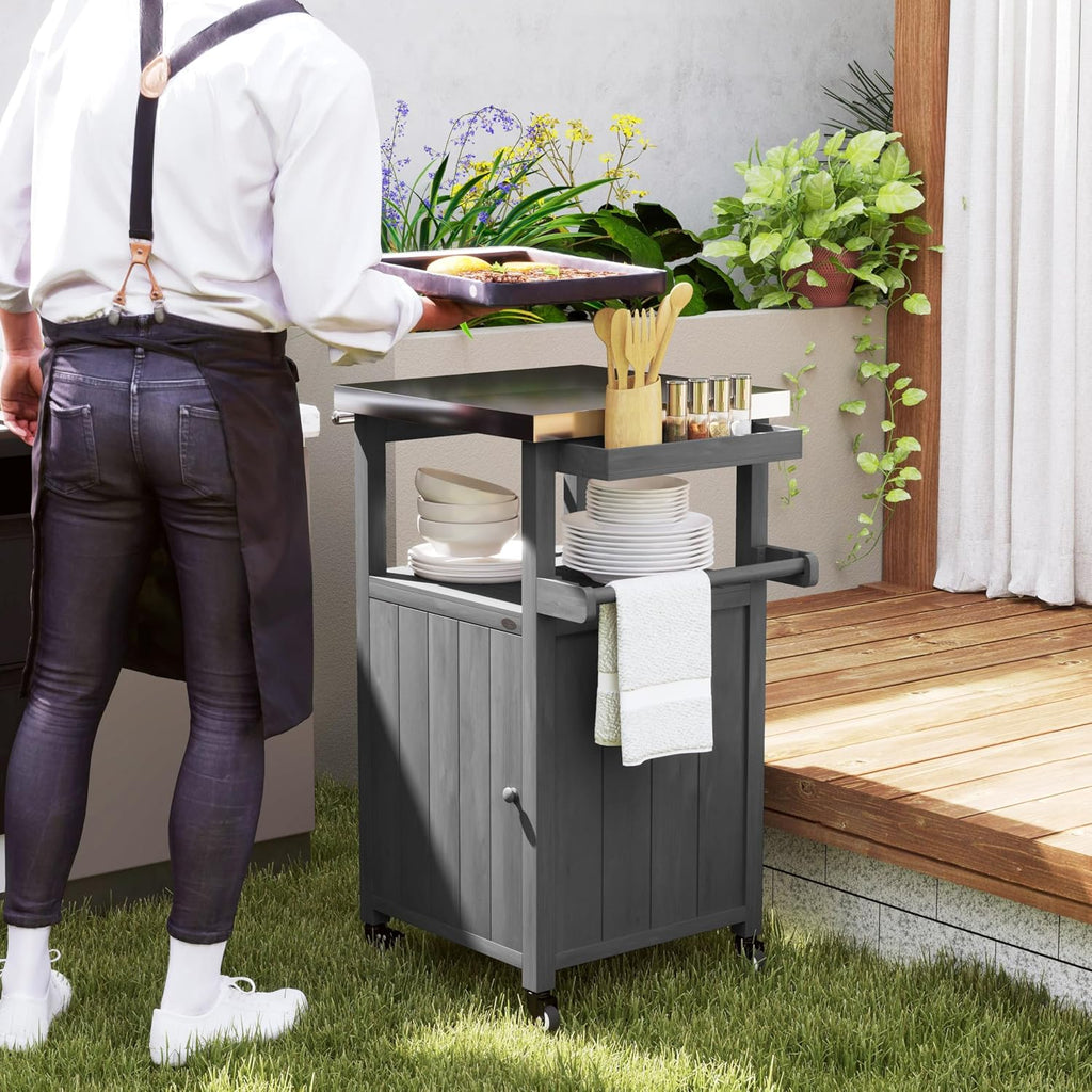 Outsunny Outdoor Grill Cart with Wheels, Stainless Steel Top, Solid Wood Outdoor Kitchen Island with Storage Cabinet, Integrated Hole, Movable Bar Cart with Spice Rack, Side Handle for BBQ, Dark Gray