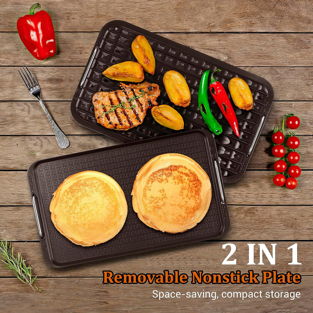 Indoor Smokeless Grill, Techwood 1500W Electric Indoor Grill with Tempered Glass Lid, Portable Non-stick BBQ Korean, Turbo Smoke Extractor Technology, Drip Tray& Double Removable Plate, Black