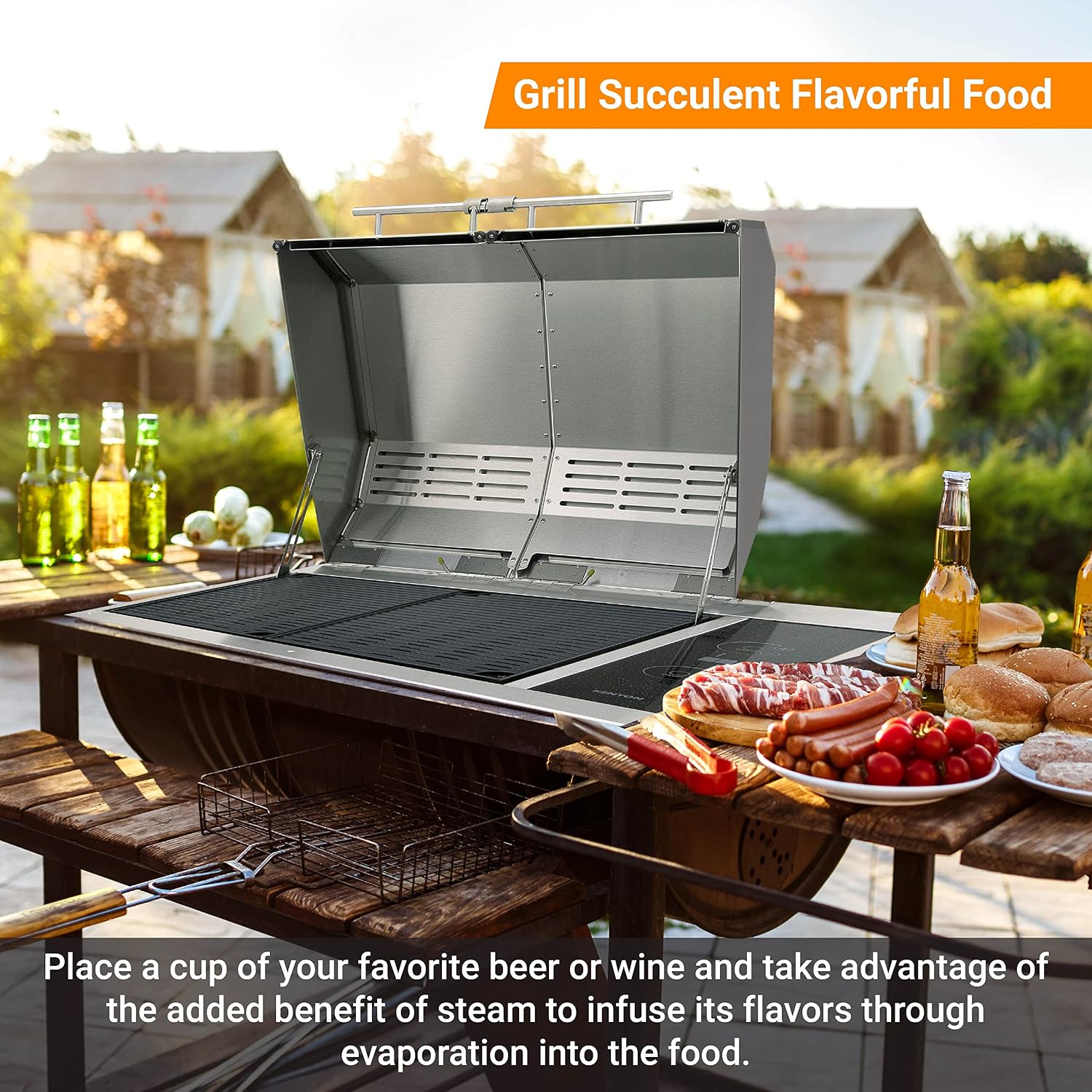 Kenyon Texan Built-In Electric Grill, UL-Approved For Indoor And Outdoor Use, Stainless Steel Body, Rust-Proof Grill, Quick Heat Up, Alternative For Gas And Charcoal Grill, Dishwasher Safe Grates