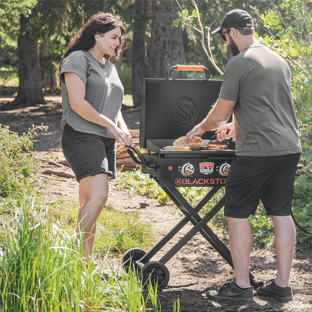 BLACKSTONE 22' On The Go Scissor-Leg Griddle with Two Burners -Stainless Steel Gas Griddle with Hood, Wheels, Side Shelf –Heavy Duty Outdoor Stainless Steel Griddle for Backyard, Patio Camping –1935