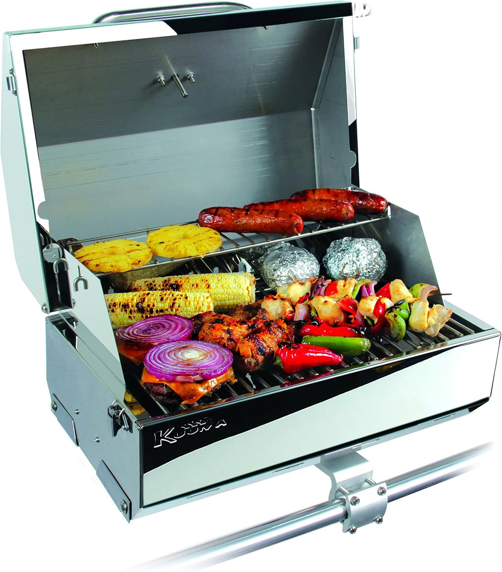 Camco Kuuma Stow N'Go 216 Elite Propane Grill | Features Built-In Thermometer & Push-Button Igniter | Includes Fold Away Legs & Removable Warming Rack | Use as Camping Stove and More (58155)