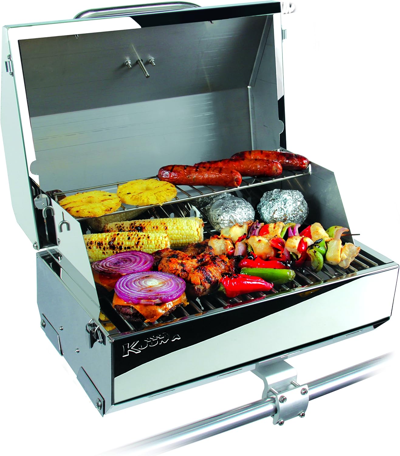 Camco Kuuma Stow N'Go 216 Elite Propane Grill | Features Built-In Thermometer & Push-Button Igniter | Includes Fold Away Legs & Removable Warming Rack | Use as Camping Stove and More (58155)