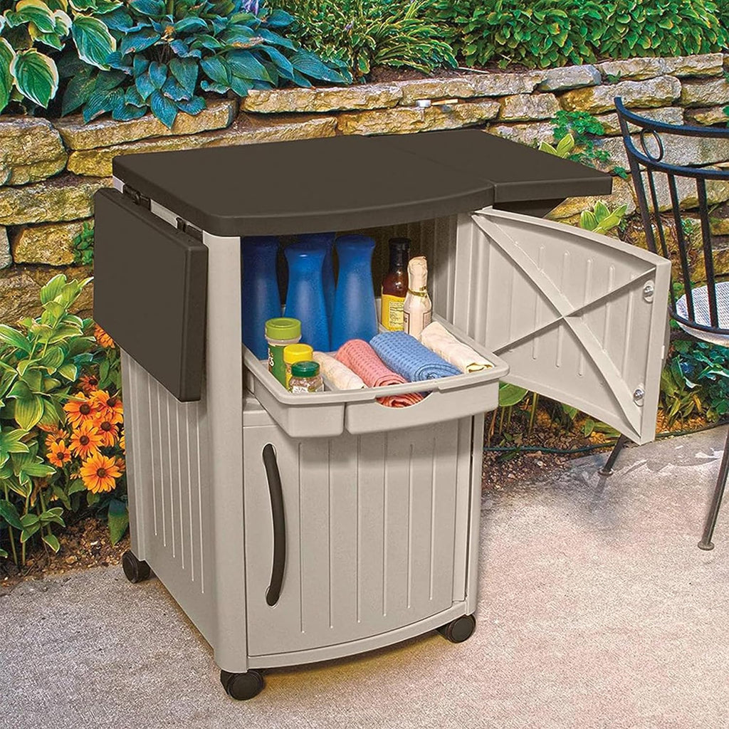 Suncast Outdoor Grilling Prep Station Table with Storage, Taupe/Brown