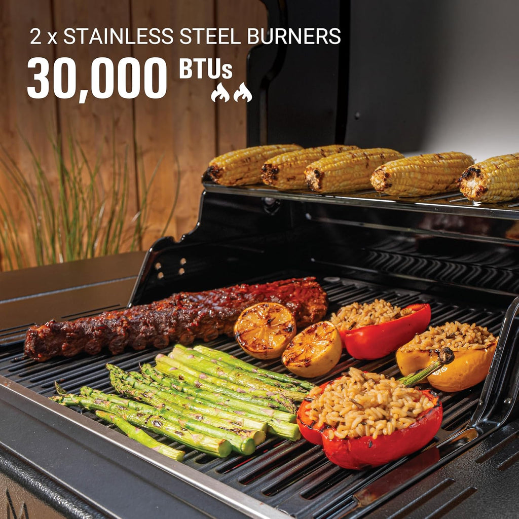 Coleman Revolution 2-Burner Propane Grill, 30,000 BTU Gas Grill with 440-Sq. In. Total Cooking Surface, 2 Side Shelves, Flare-Free Grates, and 4-Wheel Compact Cart, Black
