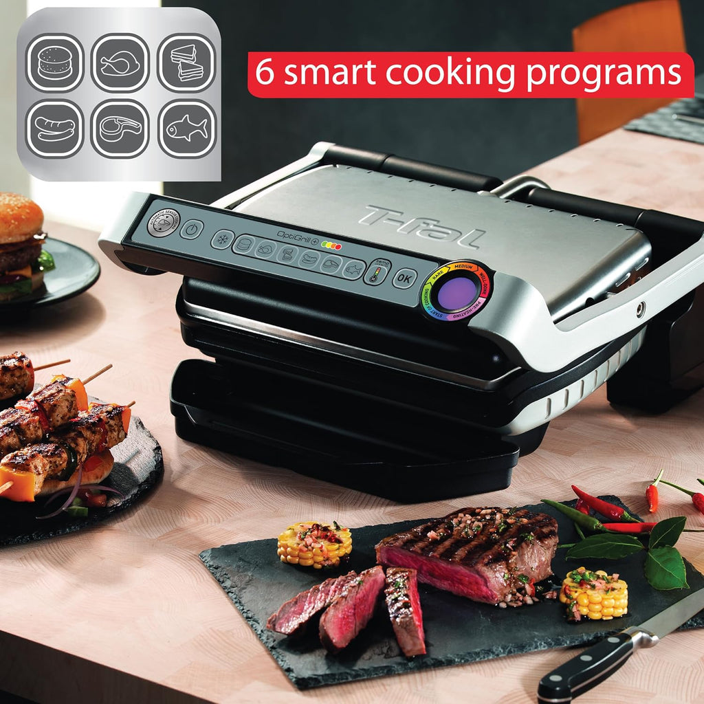 T-Fal OptiGrill Stainless Steel Electric Grill, 4 Servings, 6 Automatic Cooking Modes, Intelligent Grilling, Rare to Well-Done, Panini Press, Nonstick Removable Plates, Indoor, Silver