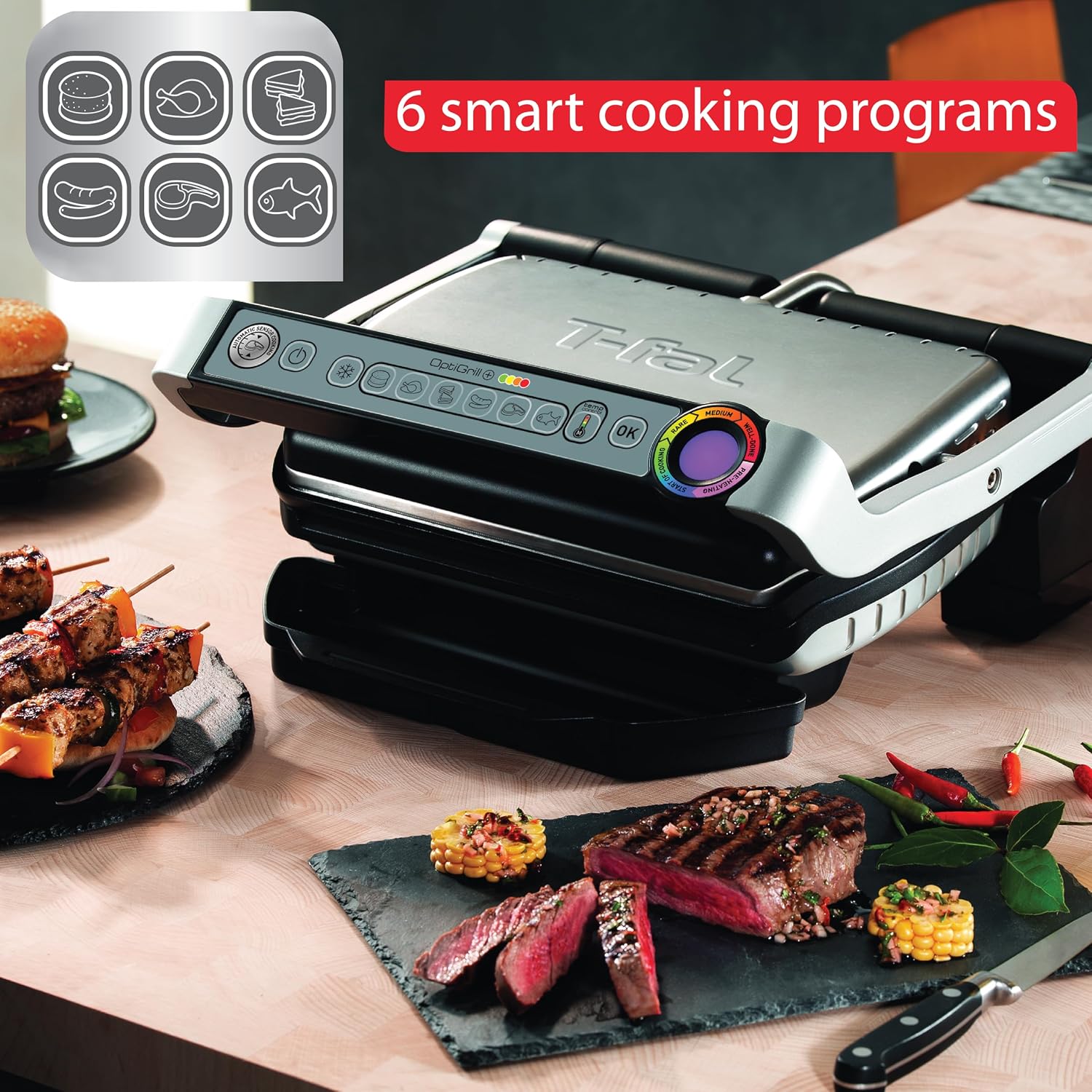 T-Fal OptiGrill Stainless Steel Electric Grill, 4 Servings, 6 Automatic Cooking Modes, Intelligent Grilling, Rare to Well-Done, Panini Press, Nonstick Removable Plates, Indoor, Silver