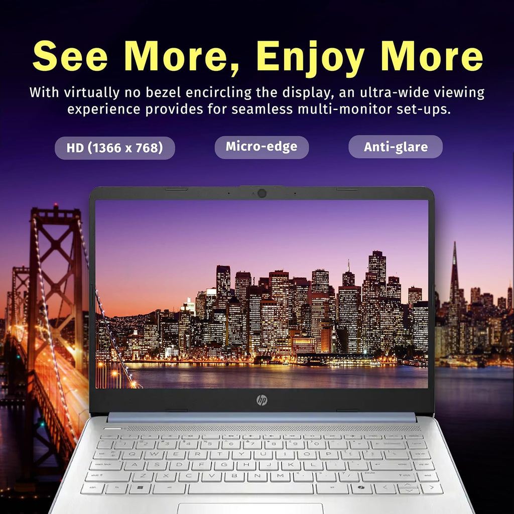 HP Stream 14' HD BrightView Laptop, Intel Celeron N150, 16GB RAM, 288GB Storage (128GB UFS + 160GB Docking Station Set), Intel UHD Graphics, 720p Webcam, Wi-Fi, 1 Year Office 365, Win 11 S, Blue