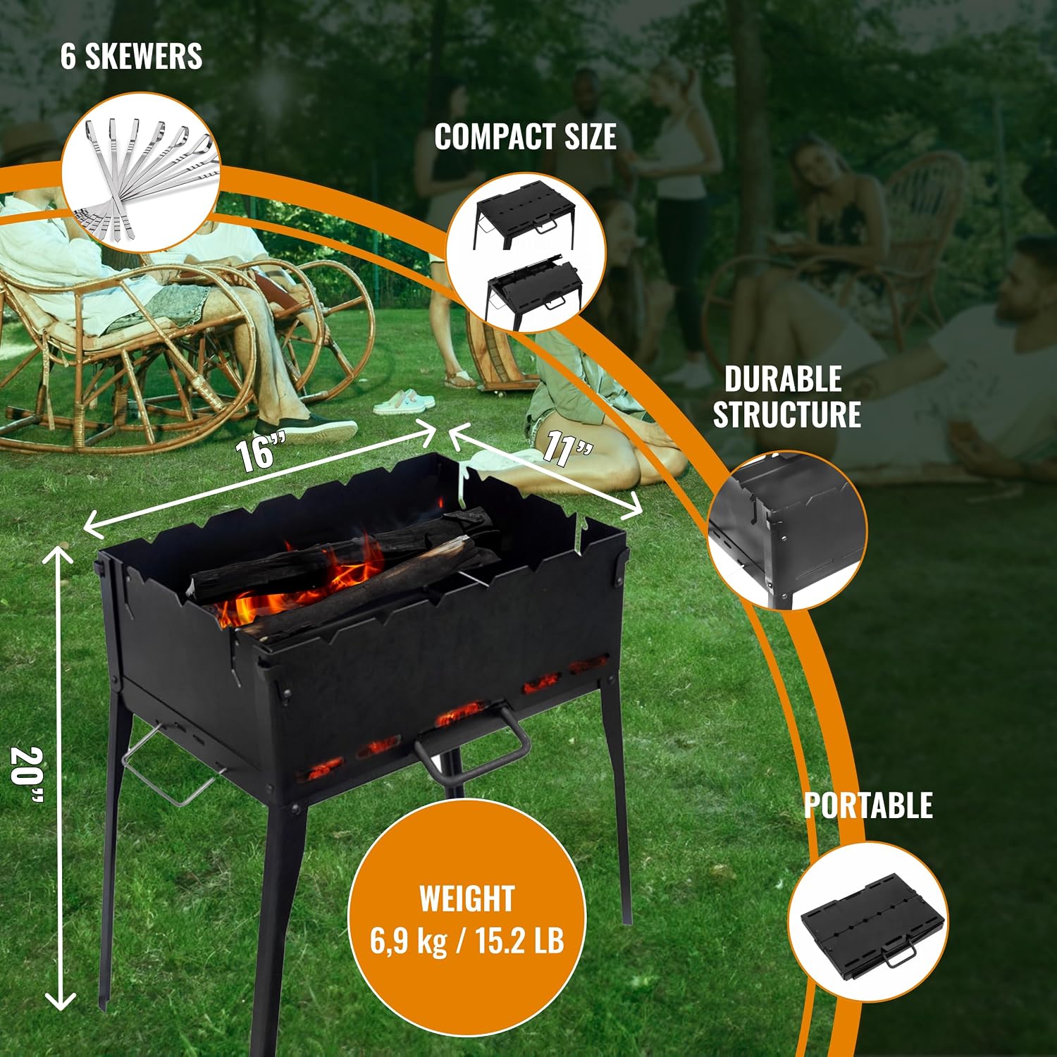 CKG Portable Charcoal Grill Heavy Duty Folding Mangal BBQ Outdoor Grill for Kabab, Shashlyk, Camping Portable Grill for Travel, 6 Skewers (Skewers not included in set) 2 mm Metal Thickness
