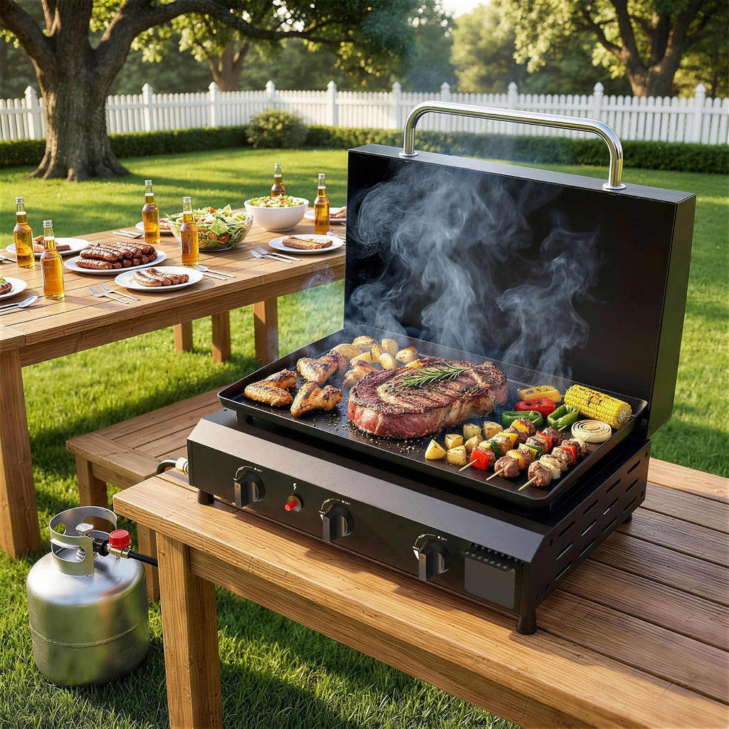 25.6'' Gas Griddle Flat Top Grill with Lid, 3-Burner Tabletop Portable Propane Griddle for Outdoor Cooking, BBQ, Camping & Tailgating Barbecue, 45,000BTU Output