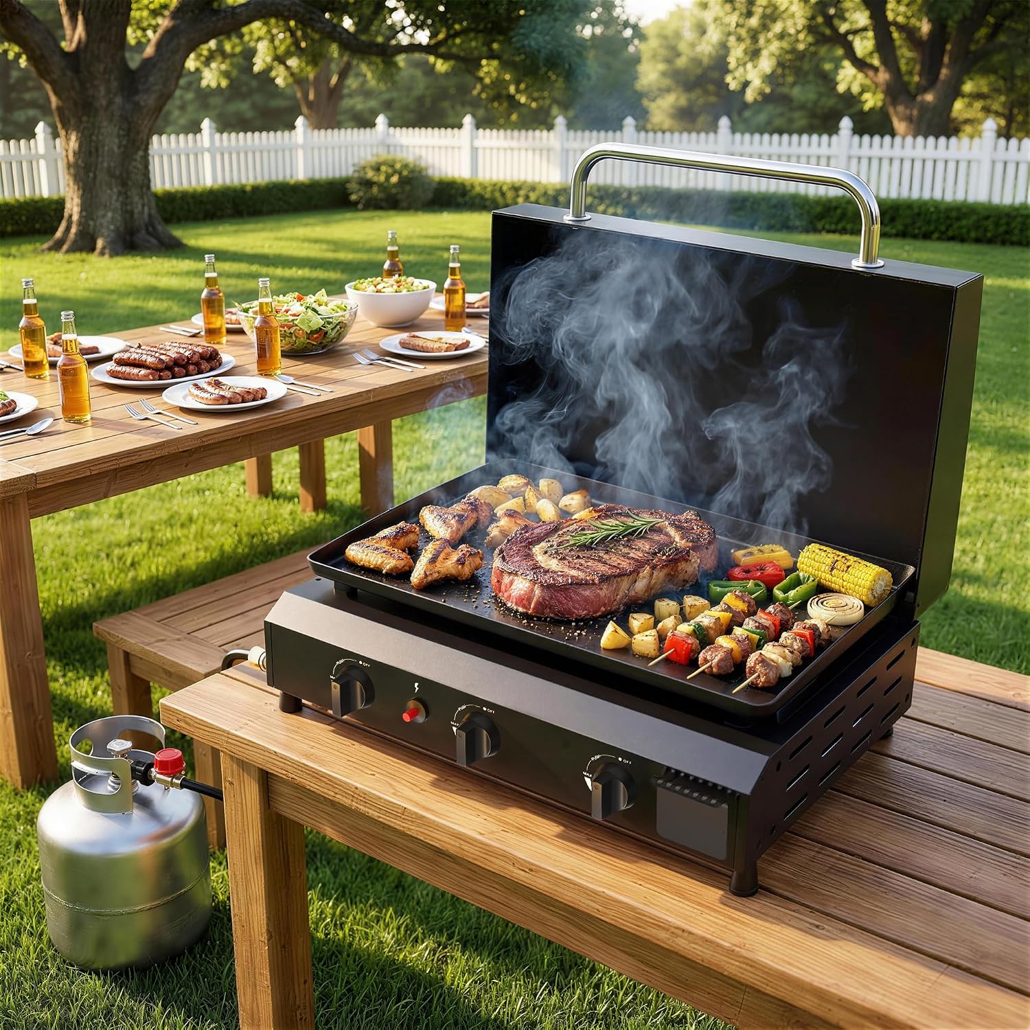 25.6'' Gas Griddle Flat Top Grill with Lid, 3-Burner Tabletop Portable Propane Griddle for Outdoor Cooking, BBQ, Camping & Tailgating Barbecue, 45,000BTU Output