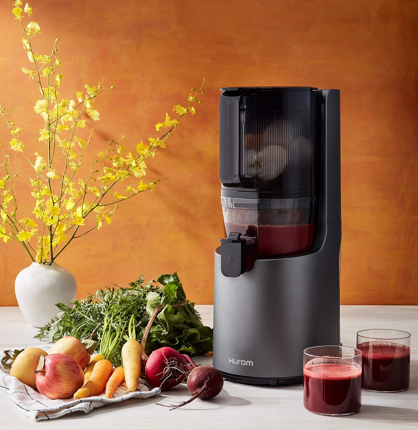 Hurom H-200 Electronic Slow Juicer Machine (Silver) - Self Feeding w Big Mouth Hopper to Fit Whole Fruits & Vegetables - Healthy Living - Easy Rinse Clean No Scrub BPA Free Easy Assembly
