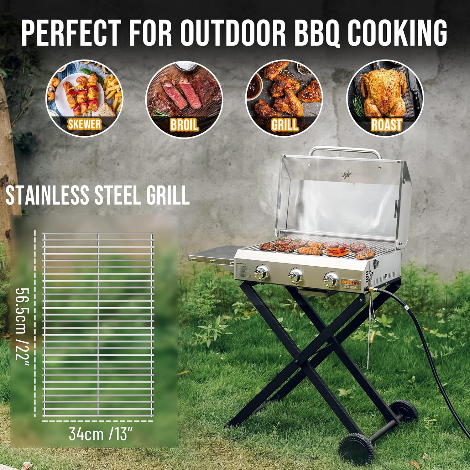 BBQ Gas Grill 3-Burner with Foldable Cart & Side Table, Premium Portable Propane Grill with 22' Cooking Grate for Outdoor Patio Backyard Barbecue Camping Tailgating RV, Stainless Steel, Classic GS308
