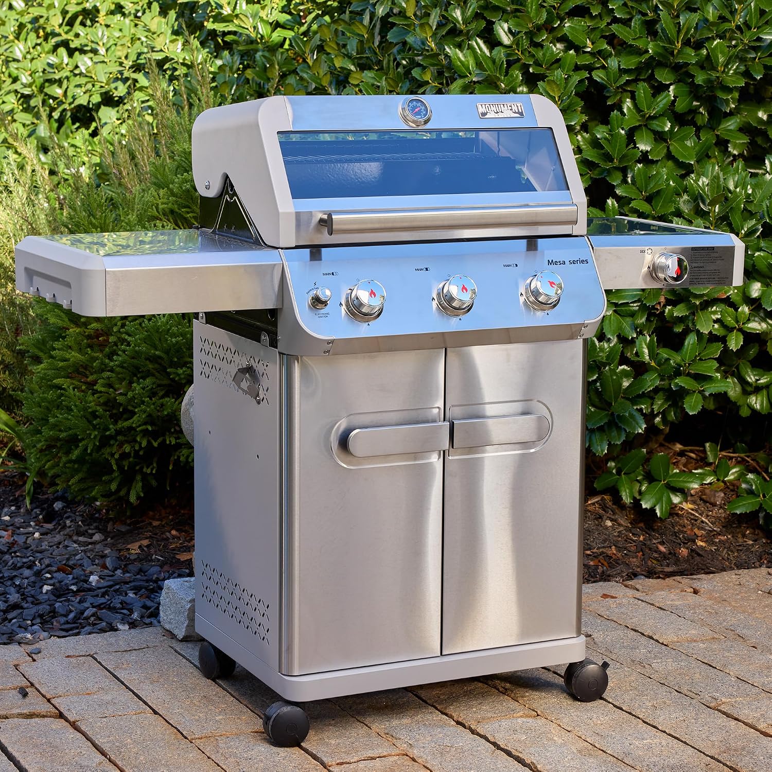 Monument Grills Mesa Series, 3+1 Outdoor Barbecue Stainless Steel Propane Gas Grill, 3 Burners & 1 Side Burner 48,000 BTU Patio Garden Grill with Knob Controls, Mesa305