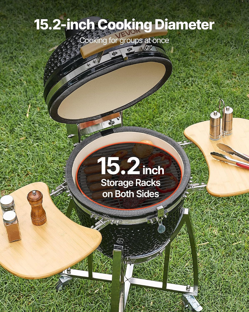 VEVOR Charcoal Smoker and Grill, 18' Kamado Charcoal BBQ Smoker, Movable Ceramic Barbecue Grill with 4 Wheels (2 Lockable), Built-in Thermometer, Air Vents & Side Shelf for Outdoor Patio Yard Cooking