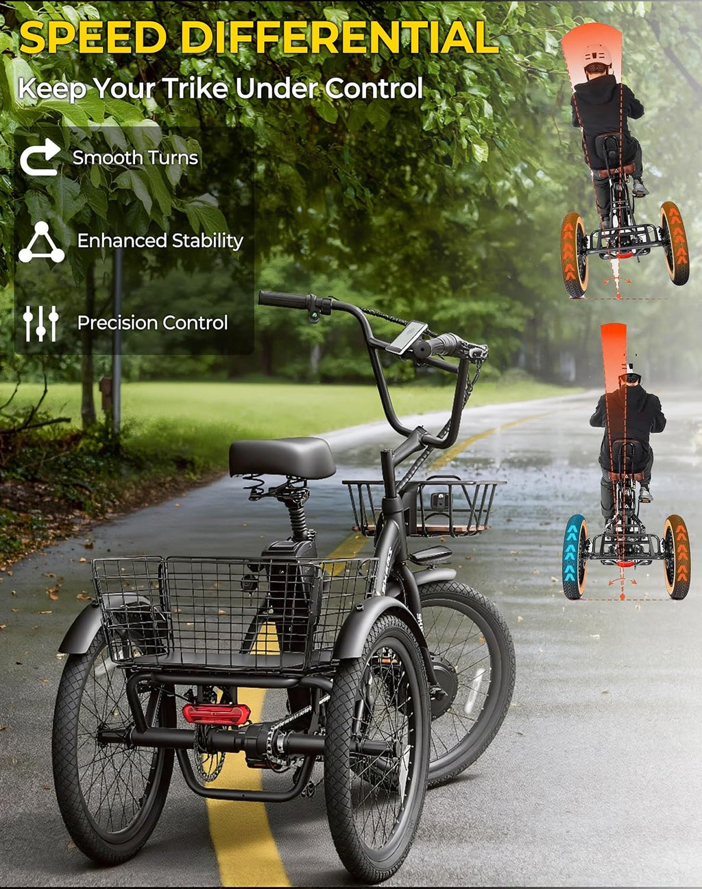 Skeri Electric Trike, Peak 1000W Electric Tricycle for Adults, 20' Folding 3-Wheel Electric Bike, Step-Thru E Trike with 624WH Removable Battery and Large Basket, Black