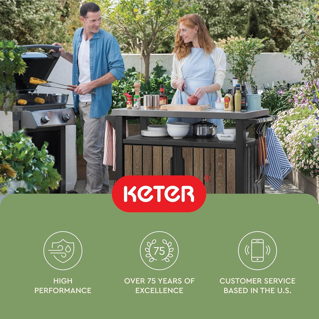 Keter Unity XL Outdoor Entertainment Cart with Wood‑Look Finish, 78‑Gallon Patio Storage Cabinet, Food Prep Station, Stainless‑Steel Top for BBQ, Grill, Patio, Deck & Backyard, Walnut
