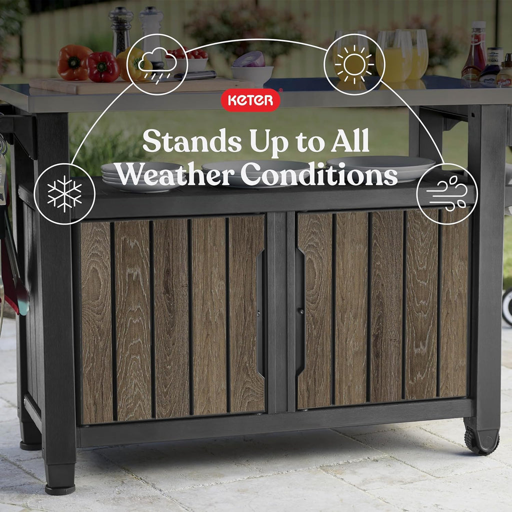 Keter Unity XL Outdoor Entertainment Cart with Wood‑Look Finish, 78‑Gallon Patio Storage Cabinet, Food Prep Station, Stainless‑Steel Top for BBQ, Grill, Patio, Deck & Backyard, Walnut