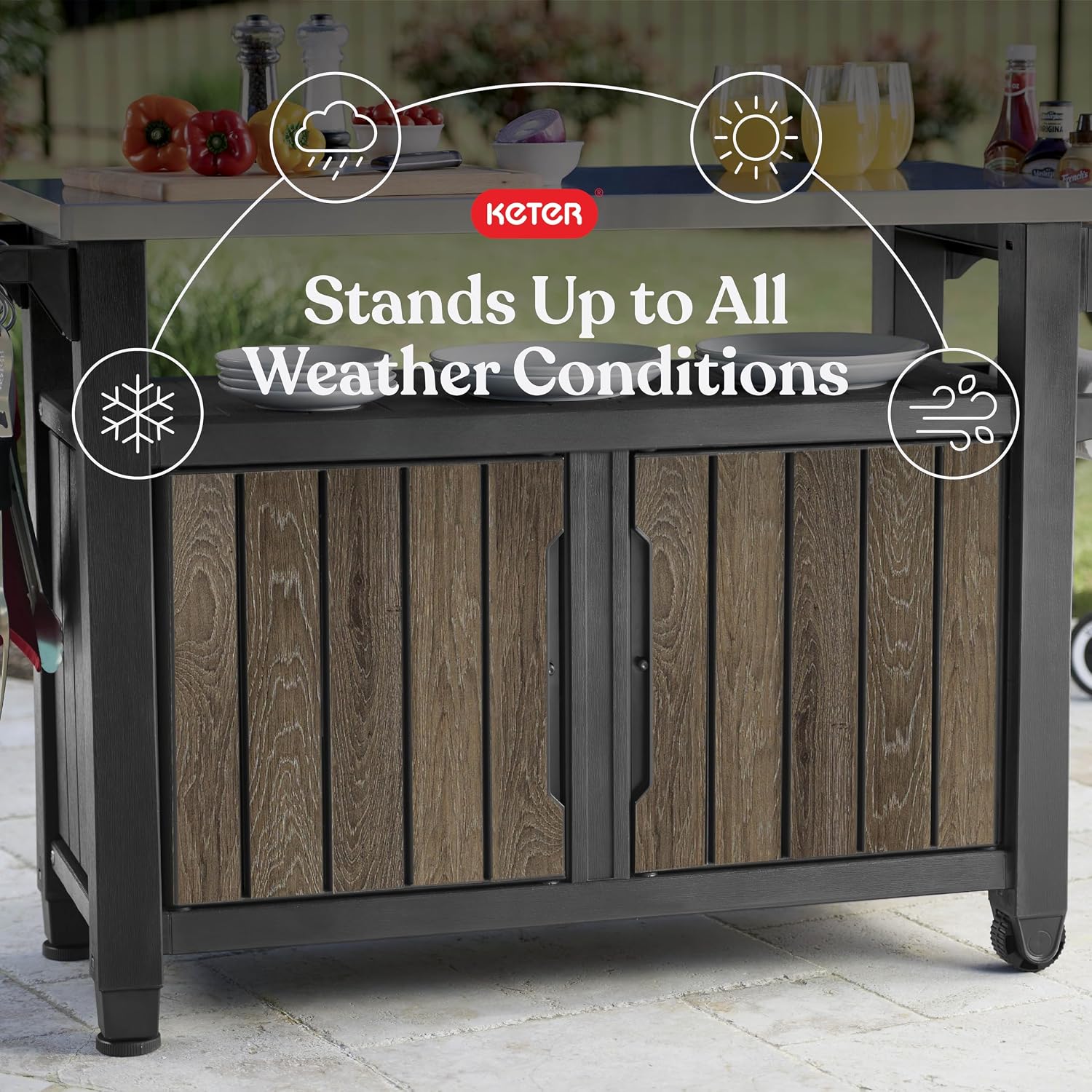 Keter Unity XL Outdoor Entertainment Cart with Wood‑Look Finish, 78‑Gallon Patio Storage Cabinet, Food Prep Station, Stainless‑Steel Top for BBQ, Grill, Patio, Deck & Backyard, Walnut