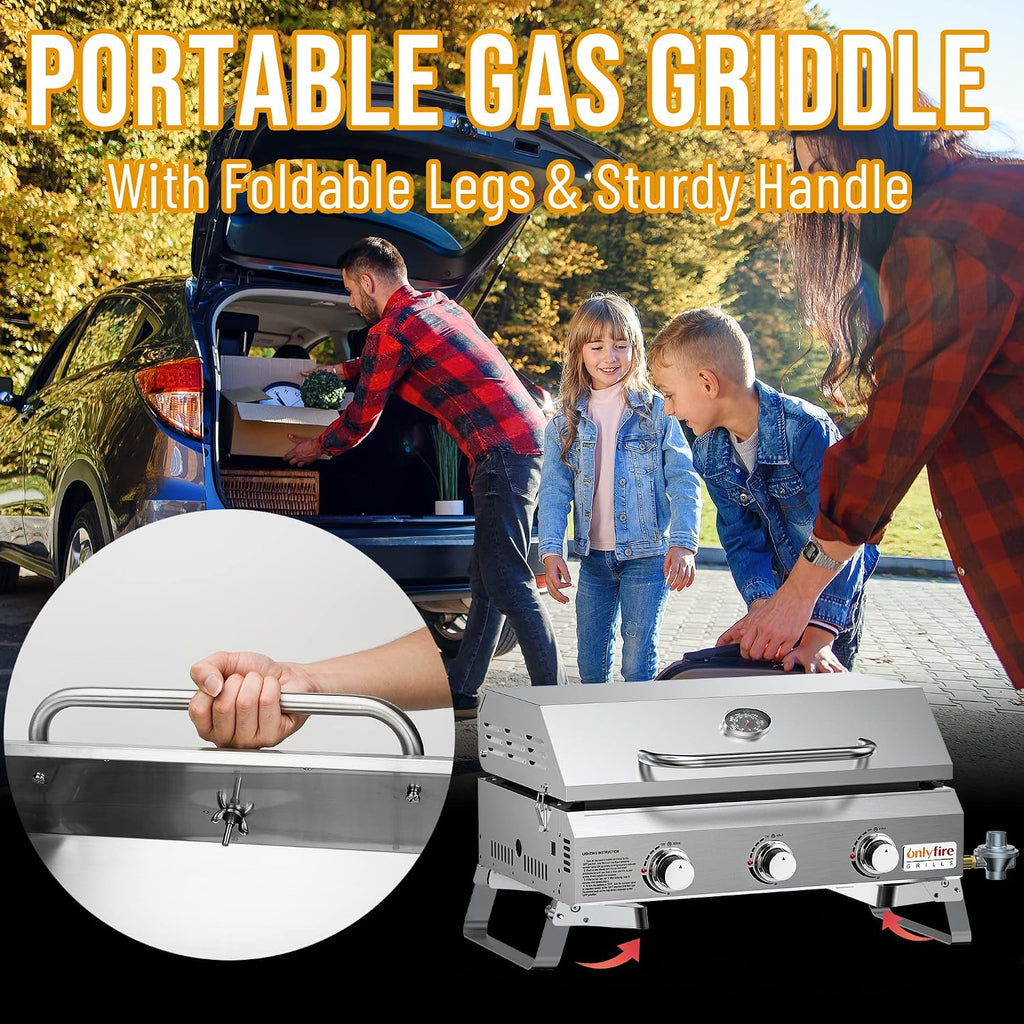 ONLYFIRE GRILLS Tabletop Gas Griddle with Foldable Legs, Portable 3-Burner Propane Gas Grill Griddle Flat Top for Outdoor Cooking Patio Barbecue Camping Tailgating RV BBQ, Stainless Steel, #GS309
