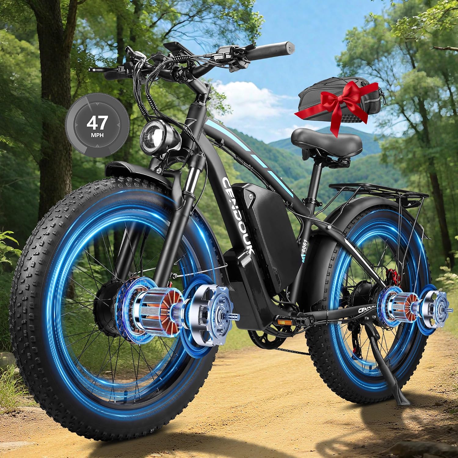 8000W Peak Dual Motor Electric Bike for Adults, 47MPH Fast Fat Tire E-Bike with Detachable Battery, 105Miles Long Range, Hydraulic Disc Brakes, 7-Speed Gears, All-Terrain for Mountain Snow Commuter