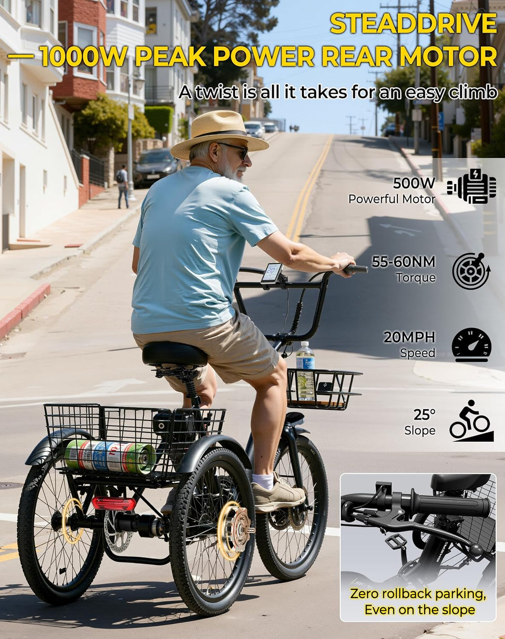 Skeri Electric Trike, Peak 1000W Electric Tricycle for Adults, 20' Folding 3-Wheel Electric Bike, Step-Thru E Trike with 624WH Removable Battery and Large Basket, Black