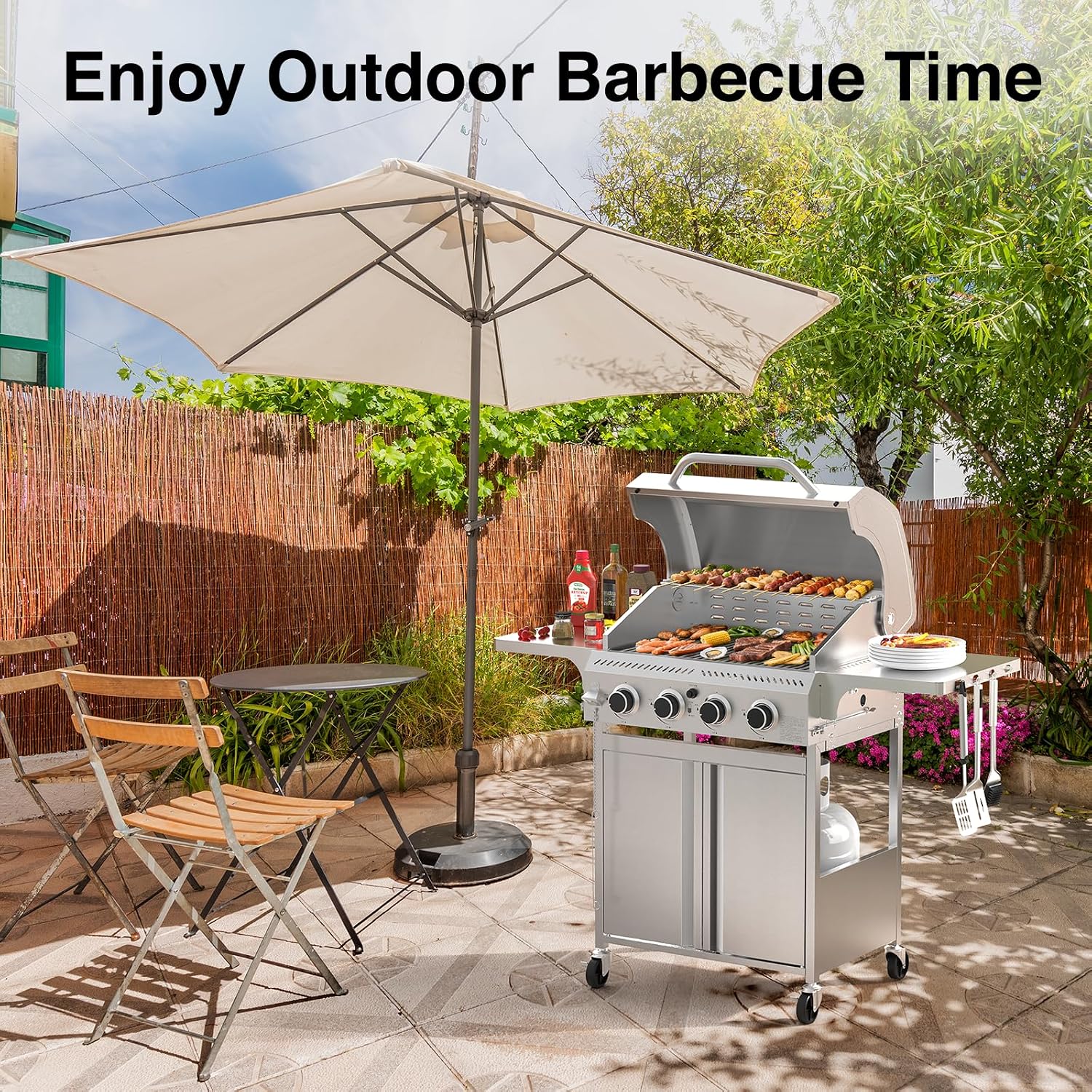 Electactic Propane Gas Grill 4 Burners, 32000 BTU Outdoor Barbecue Grill with Stainless Steel Body & Heavy-Duty 304 Grill Grates, Foldable Side Shelves & Built-in Thermometer, Portable with Wheels
